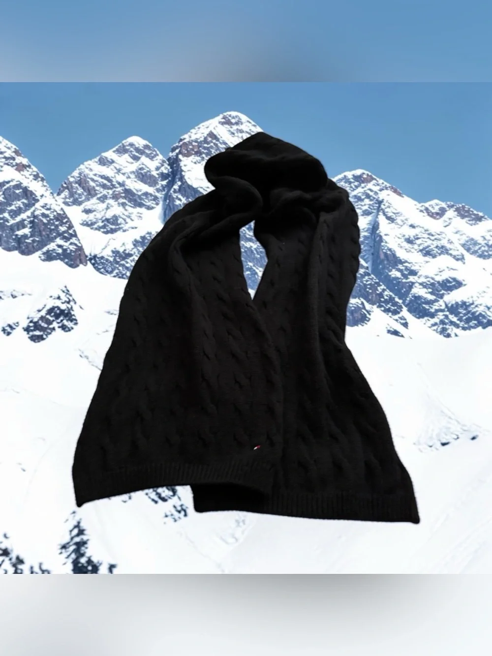 Tommy Hilfiger Vertical Rope Cable Knit Scarf Black Flag Logo Winter Outdoors
